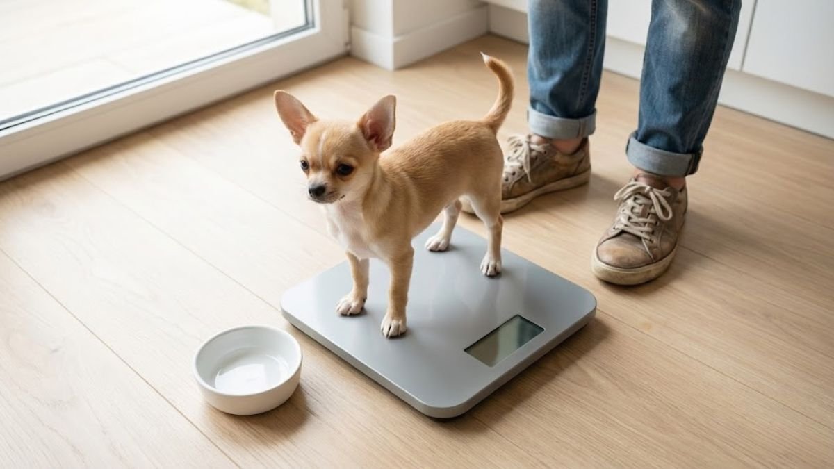 Puppy weight calculator step 1 image showing a puppy on a scale